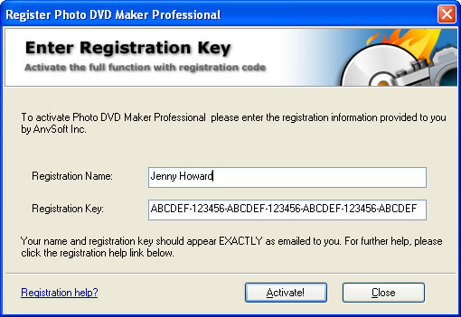 Enter your license code to register the photo album maker