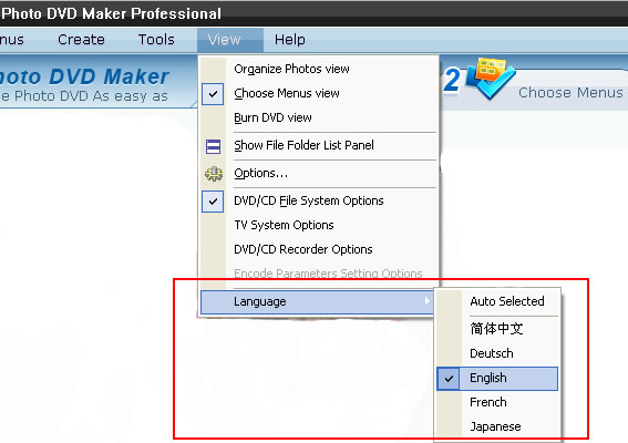 Choose your language for using the DVD slideshow software